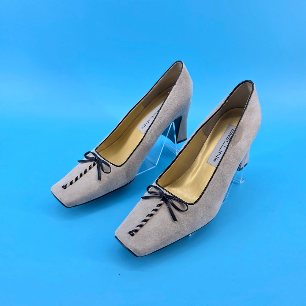 Bellini‎ Romance Tan Suede Square Toe Pumps Bow Detail Block Heel Womens 8M